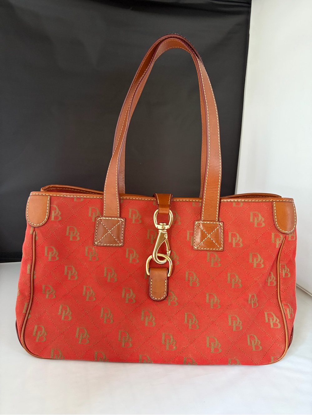 Dooney & Bourke Red Canvas Tote with Brown Leather Trim and Gold Hardware